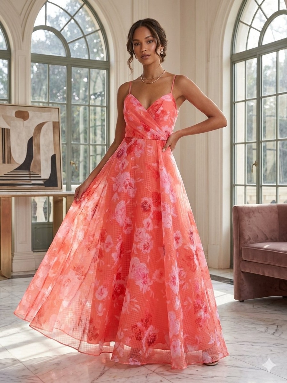 Monique Lhuillier Coral Pink Floral Midi Dress